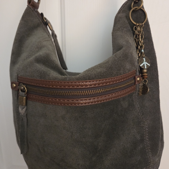 The Sak Olive Green Suede Shoulder Bag with Brown Leather Trim - Picture 8 of 16
